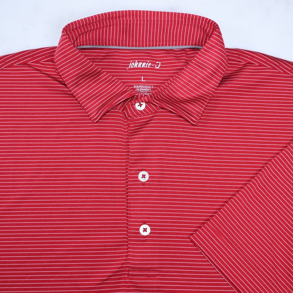 Johnnie-O Mens Red Striped Performance Polo Shirt Large The Joyce Agency Logo